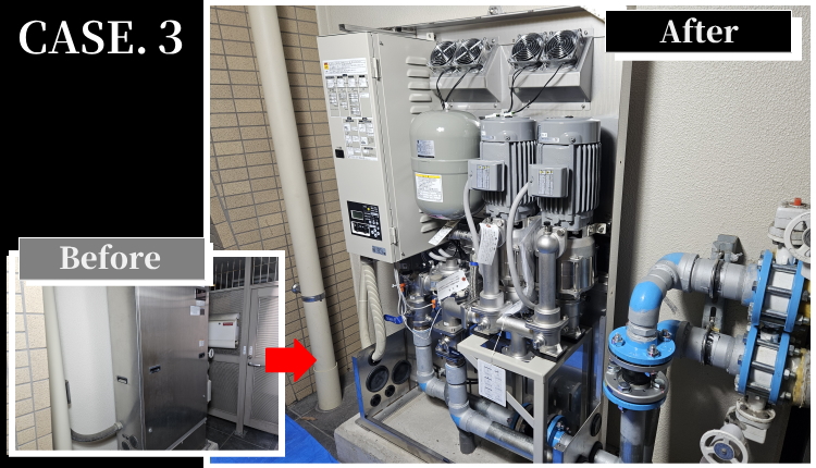 名古屋・東海の分譲マンション増圧ポンプ、川本製 KDP3-50A7.5A交換工事の様子