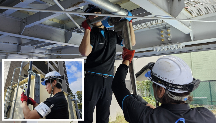 受水槽交換時の配管工事の風景